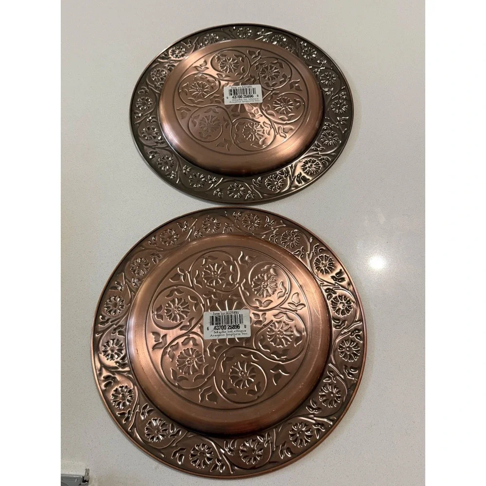 Vintage Aramco Imports Inc Copper Embossed Floral Metal Trays set of 2 11.5
